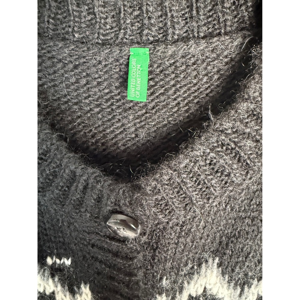United Colors of Benetton Fair Isle Cardigan Women L Black White Alpaca Mohair - Picture 3 of 10